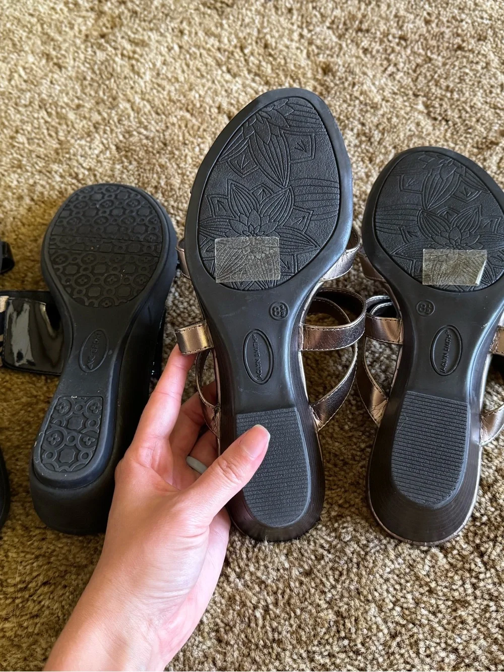 Black + brown Anne Klein Sport heel sandals and gold Jaclyn Smith heel sandals